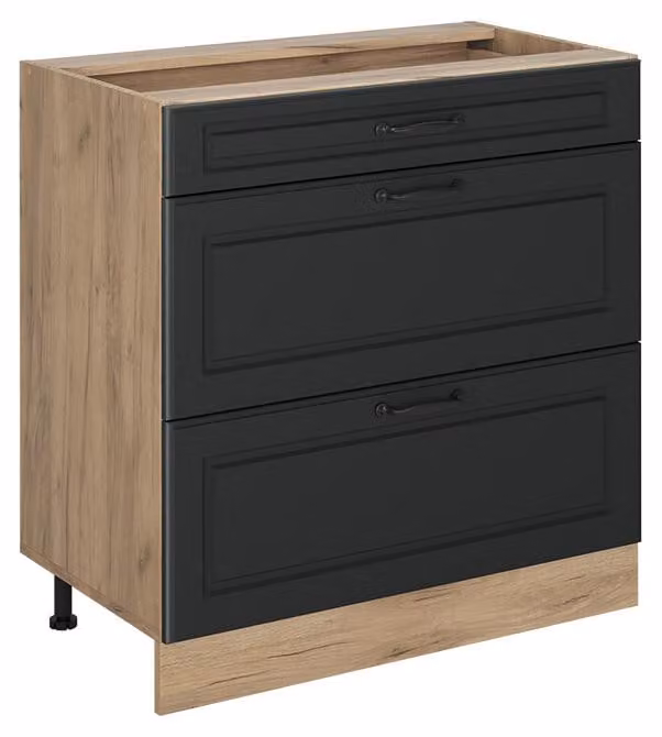 Mobiletto base per cucina Vicco R-Line Antracite country/Rovere dorato 80 cm con 3 cassetti senza piano di lavoro, Model 72439