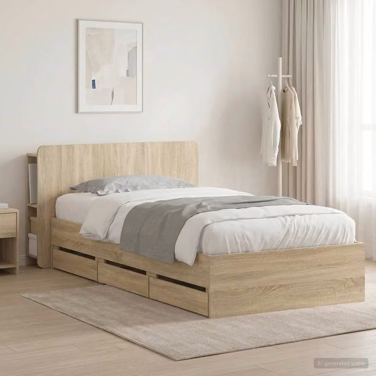 Struttura letto con contenitore e testata vidaXL in legno Rovere Sonoma marrone L 211.5 x P 140 cm, H 95 cm