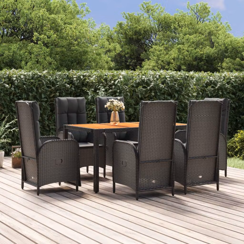 Set da Pranzo da Giardino vidaXL in Legno di Acacia e Polyrattan Nero con 7 Pezzi