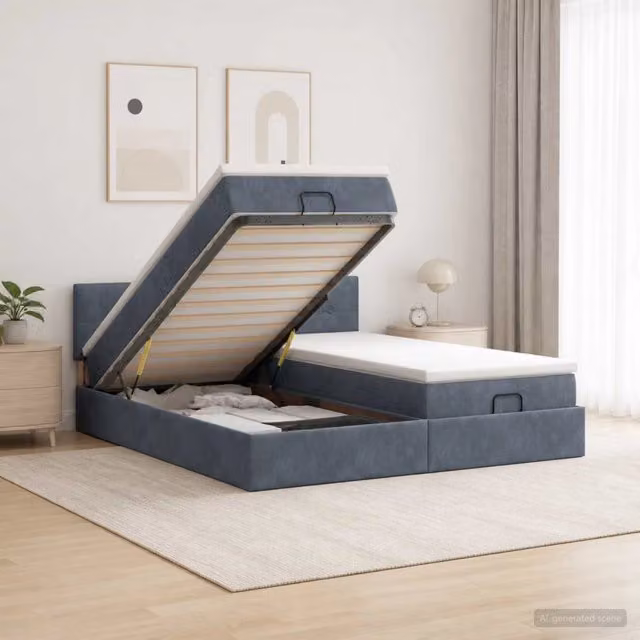 Letto ottomano moderno vidaXL con base a sollevamento e materasso ibrido in velluto grigio e bianco, L/P/H: 200 x 200 x 88 cm