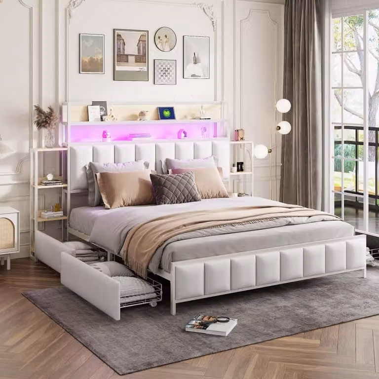 Letto imbottito AIORBER, 160x200 cm, quattro cassetti spaziosi, ampio spazio di archiviazione, con illuminazione LED, struttura del letto in ferro massiccio, letto matrimoniale, bianco