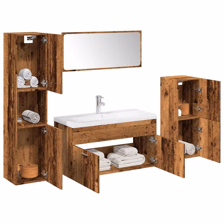 Set di mobili da bagno vidaXL in legno multistrato stile classico, composto da 5 pezzi con mobile lavabo, pensili e specchio, colori marrone e bianco