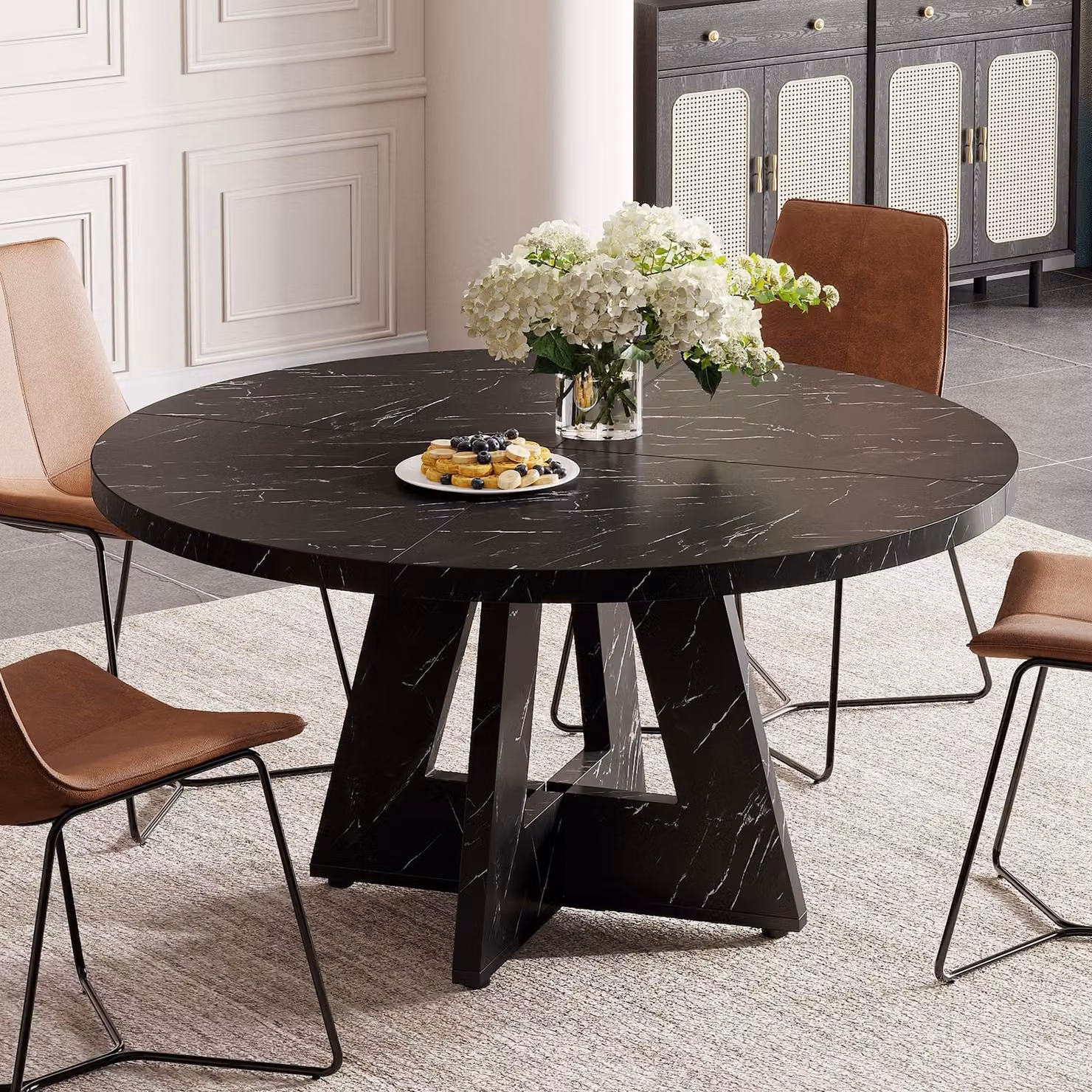 Tavolo rotondo da pranzo in legno, diametro 120 cm, tavolo da cucina con piano in legno e gambe a croce, adatto per 4-6 persone, stile rustico, ideale per la sala da pranzo, finitura effetto marmo
