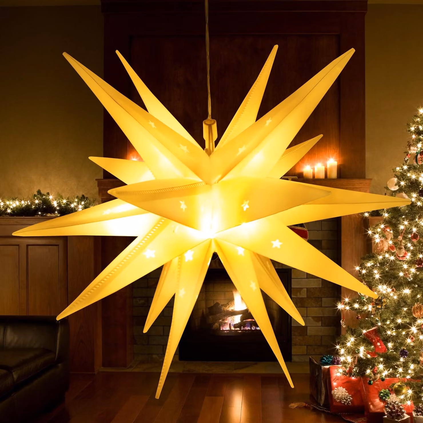 Stella di Natale LED tridimensionale, 35 cm, pieghevole, con 20 LED a luce calda, alimentata a batteria