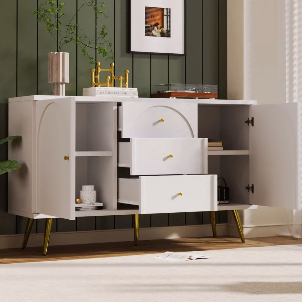Cassettiera con 2 ante e 3 cassetti in metallo e MDF bianco, L 140 x P 40 x H 84 cm – 2