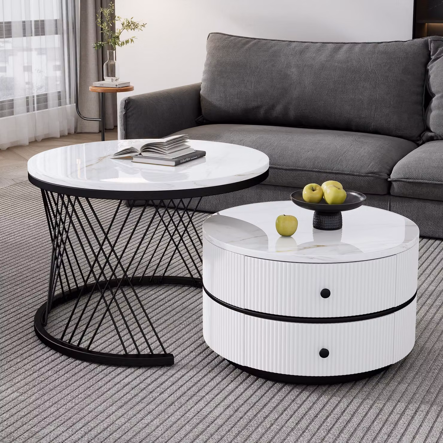 Sweiko Elegante set di 2 tavolini bianchi a forma di nido, 60x60x46cm e 50x50x31cm, tavolini rotondi con aspetto marmoreo lucido, 2 cassetti, caricabili fino a 30 kg, tavolino combinato a nido