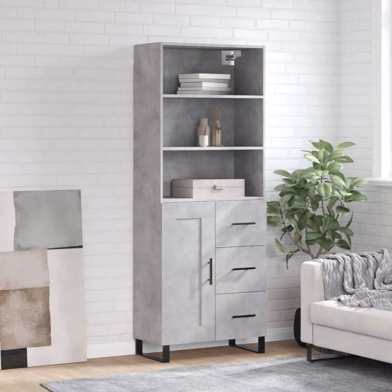 Credenza moderna vidaXL in legno multistrato e metallo, colore grigio cemento, L: 69,5 cm, P: 34 cm, H: 180 cm