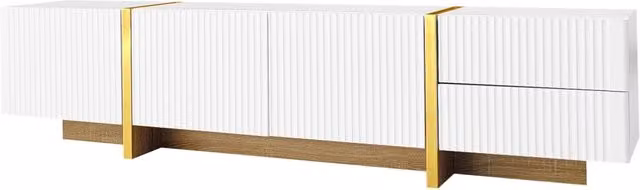 Mobile TV 190 cm con 3 porte e 2 cassetti, bianco con dettagli oro e finitura effetto legno