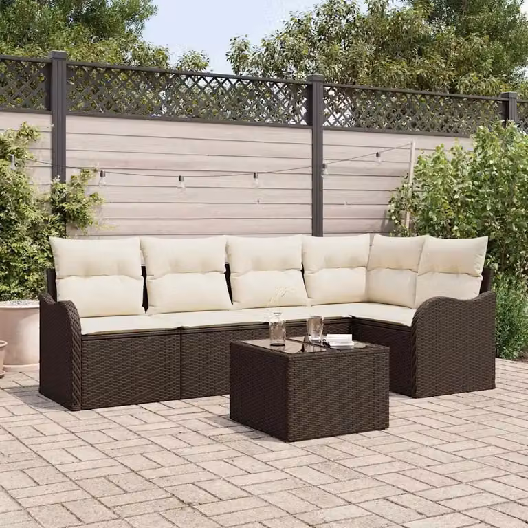 Set Divano da Giardino vidaXL 6 Pezzi a Forma di L Marrone con Tavolino e Cuscini in Polyrattan e Acciaio