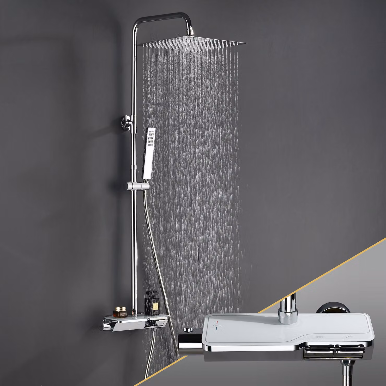 JOHO Acciaio INOX Colonna Doccia con Termostatico Colonna Doccia Rubinetto con Soffione con Miscelatore, Set a Pioggia Doccetta Cromo 30×30cm