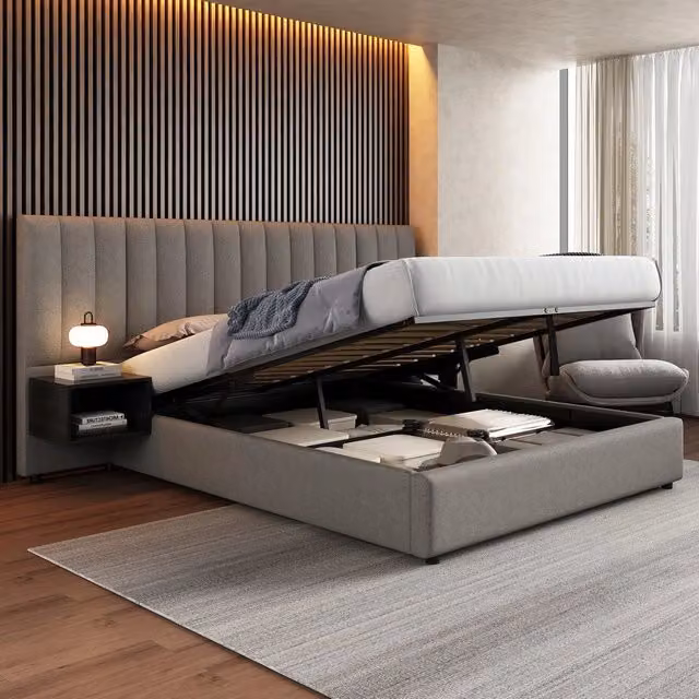 Letto imbottito contenitore 160x200cm ¨C Minimal ¨C Grigio e nero tessuto con rete a doghe in legno