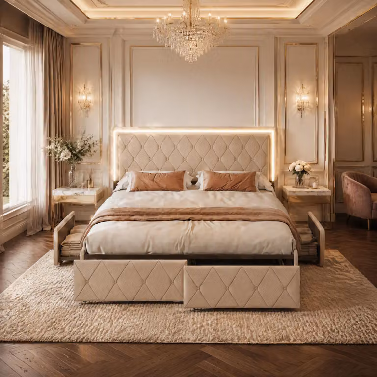 Letto imbottito INONEFT, 140x200 cm, letto per ragazzi con illuminazione LED, letto singolo con poggiatesta regolabile in altezza e 4 cassetti contenitori, colore beige