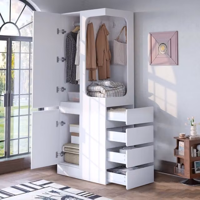 Armadio ¨C Minimal ¨C Bianco 70x40x170 cm con cassetti e riposti appendiabiti