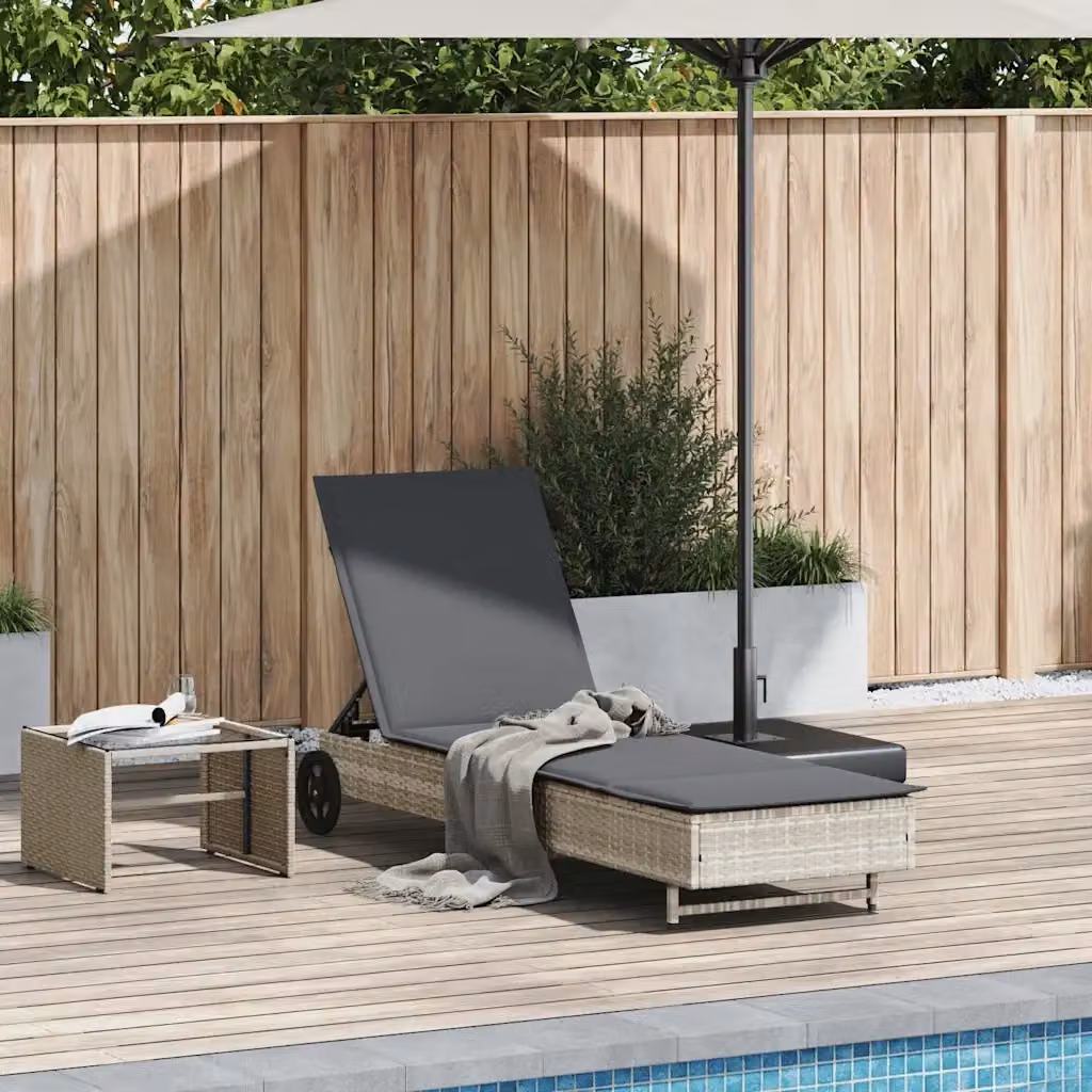 Lettino prendisole in polyrattan grigio con ruote e cuscino regolabile per giardino e balcone – 2
