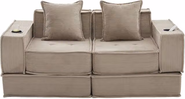 Divano letto doppio moderno in tessuto con due cuscini e pouf con contenitore laterale 162x78x66 cm
