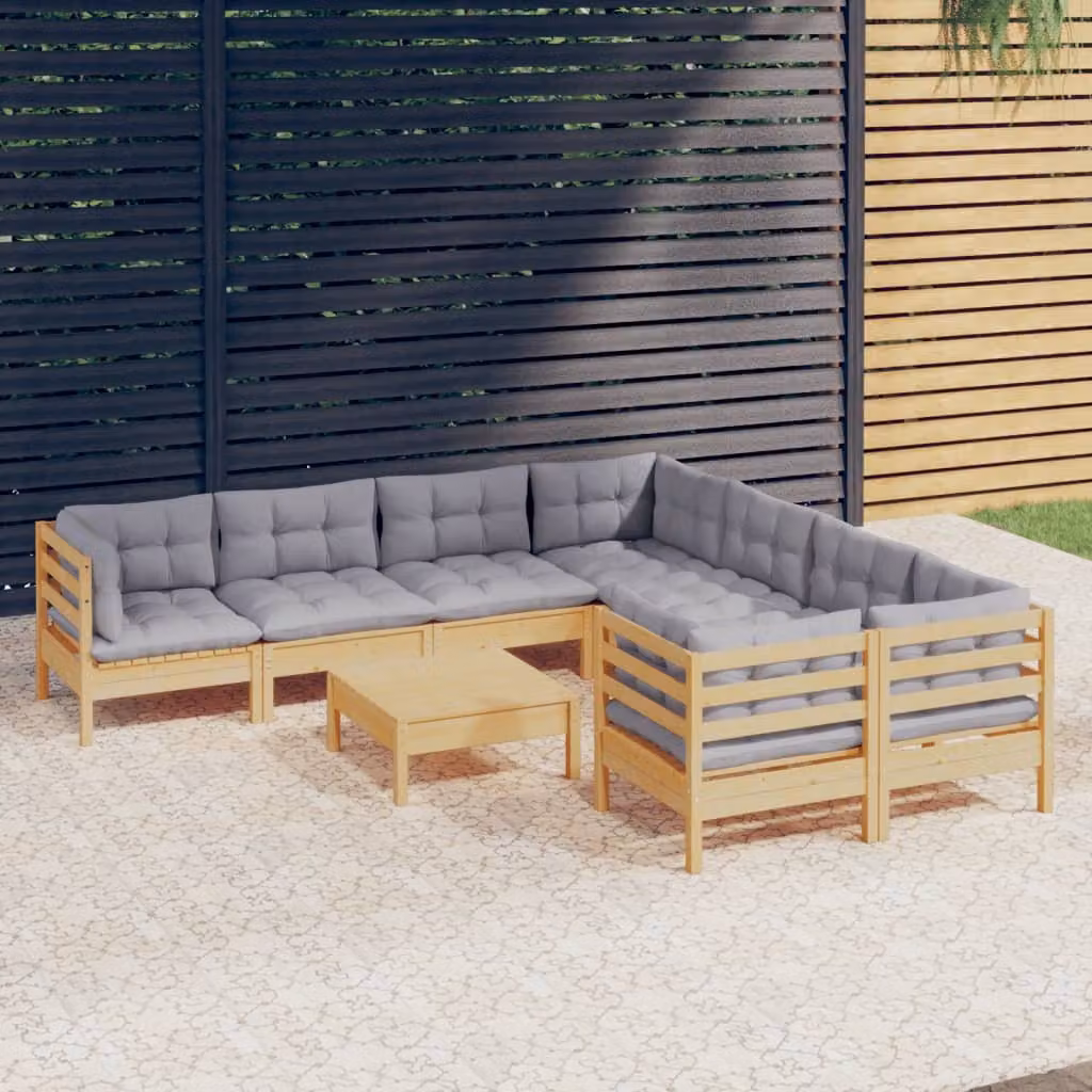 The Living Store Set da 9 pezzi per salotto da giardino con cuscini grigi in legno di pino