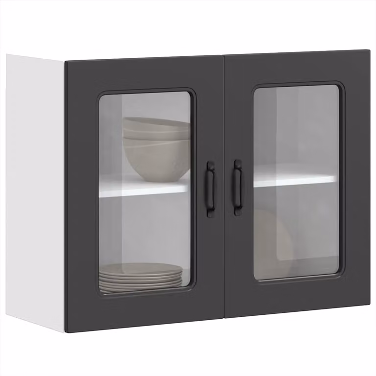 Pensile da cucina moderno vidaXL Kalmar nero con ante in vetro e ripiani interni, L: 80 cm, H: 60 cm, P: 31 cm