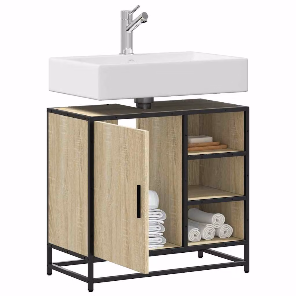 Mobiletto per lavabo da bagno vidaXL in legno massello Rovere Sonoma, colore marrone, L: 65 cm, P: 33 cm, H: 60 cm