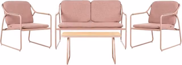 Set da Giardino con Divano 4 Posti in Acciaio Marrone con Cuscini in Olefina e Tavolino da Caffè in Vetro Temperato dal Design Moderno