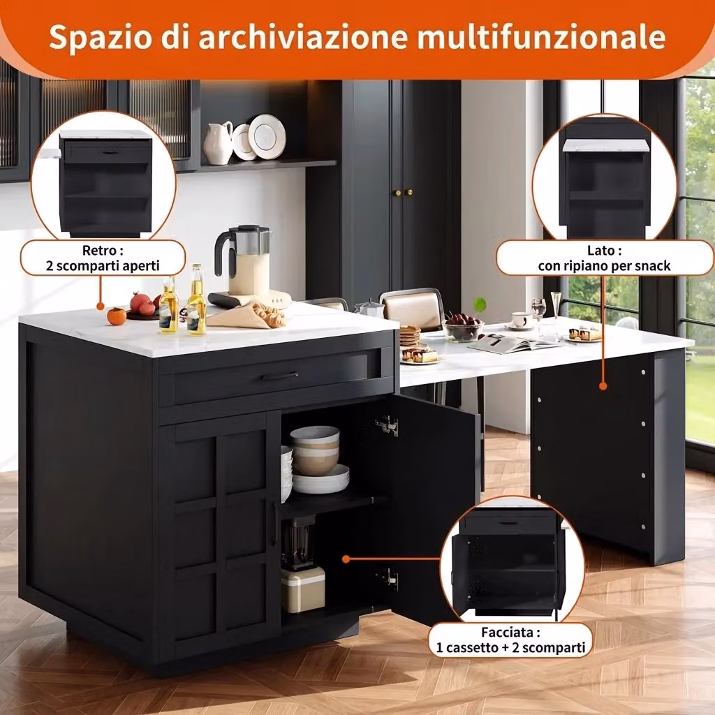 Tavolo da bar allungabile nero con piano effetto marmo in MDF e isola cucina con cassetti e vani aperti – 2