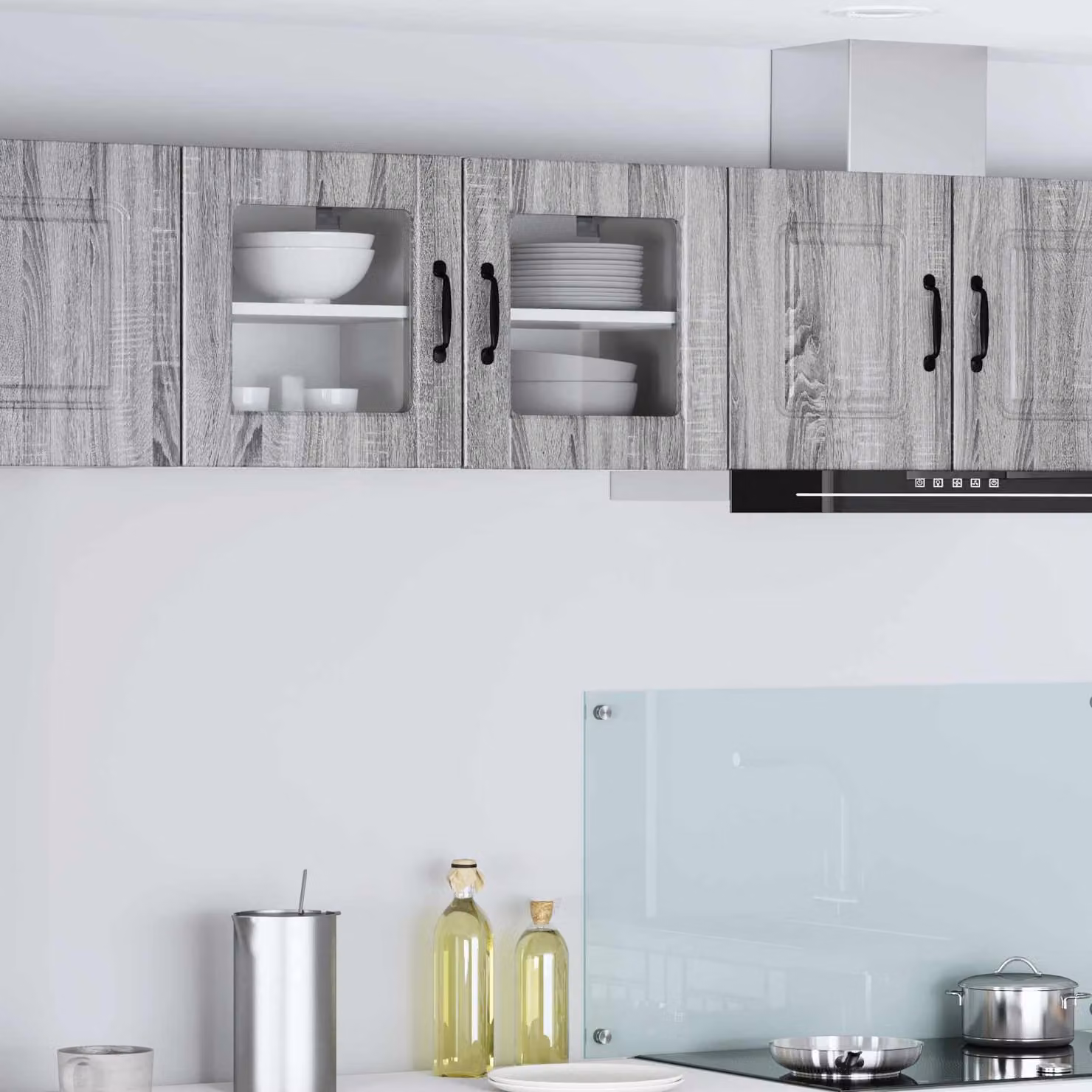 Set di 2 mobili da parete PORTO vidaXL in legno e vetro, Grigio Sonoma