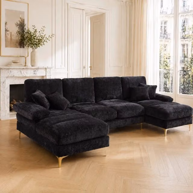 Divano panoramico a U MIVRAY in ciniglia nero con due zone distese, quattro cuscini e struttura in legno e metallo L: 272 cm, P: 136 cm, H: 88 cm