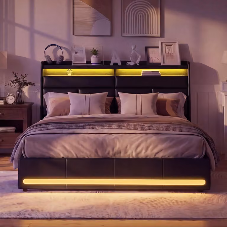 Letto imbottito UnboxG, 160x200 cm, nero, con illuminazione LED e USB, contenitore a sollevamento idraulico, letto con testiera contenitore, rivestito in ecopelle, design moderno, letto matrimoniale