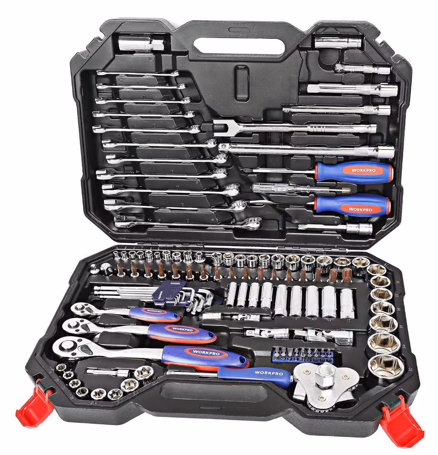 Set di chiavi a bussola da 123 pezzi con grillo a commutazione da 1/2", 1/4" e 3/8", in acciaio Cr-V, comprensivo di cacciaviti, chiavi a Esagono, set di punte e custodia per utensili