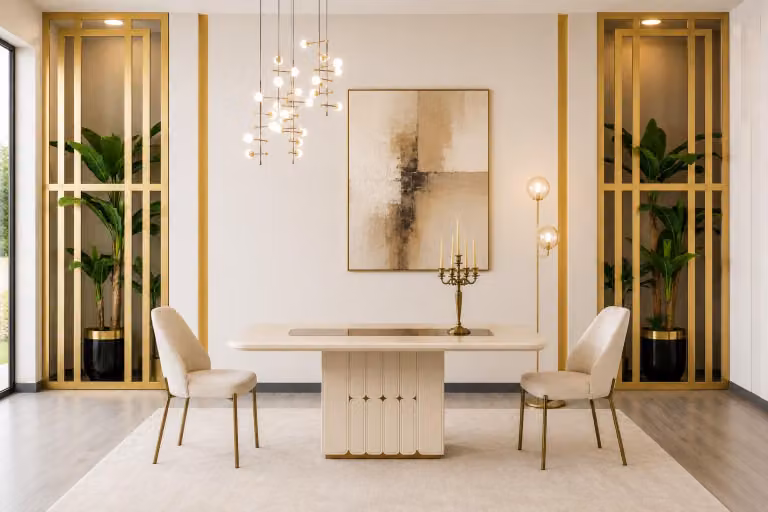 Set da pranzo beige: tavolo da pranzo moderno, sedie design elegante, nuovo