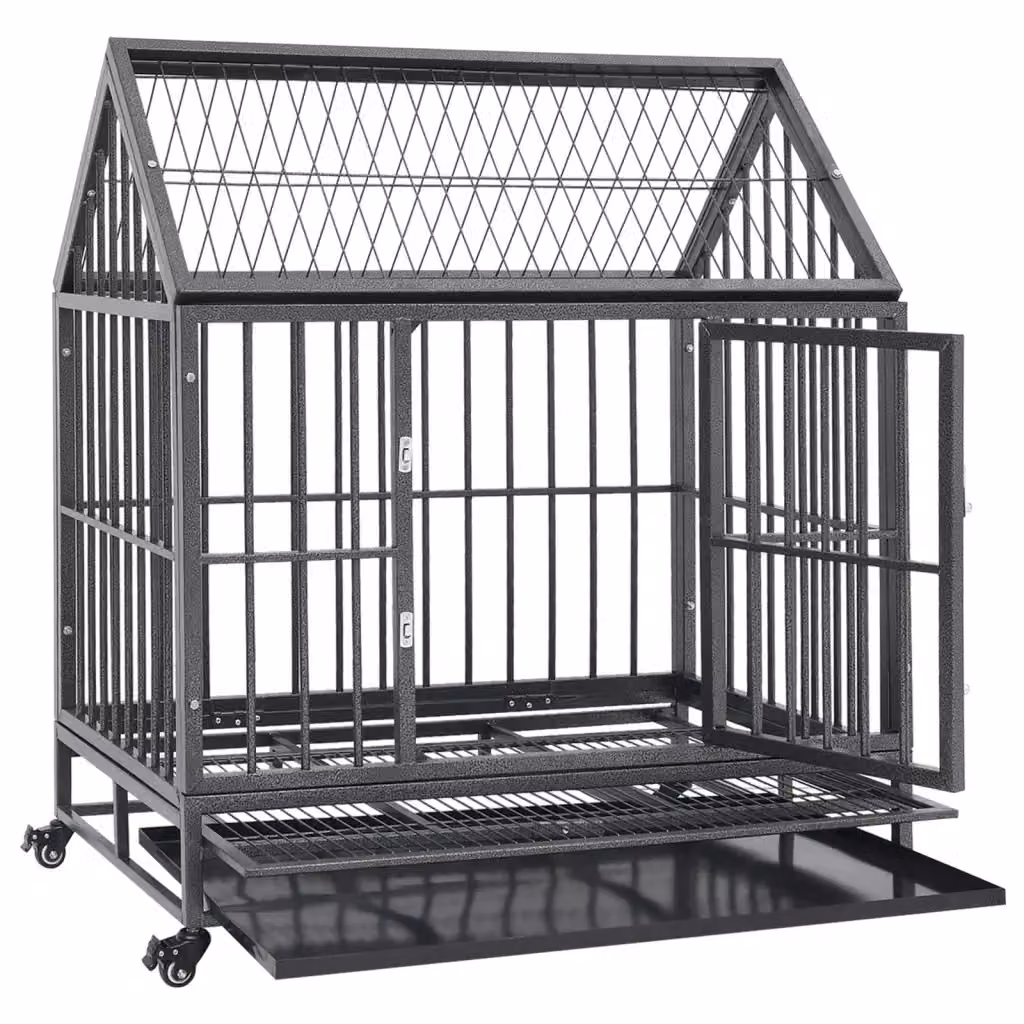 Gabbia per cani vidaXL in acciaio con ruote e tetto, colore nero e argento, H 106 x L 92 x P 62 cm – 2
