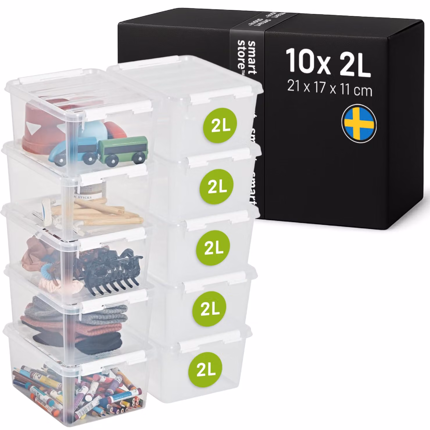 SmartStore - Contenitore di stoccaggio Classic da 2 litri con coperchio, confezione da 10 | Impilabile (Dimensioni: 21x17x11 cm)