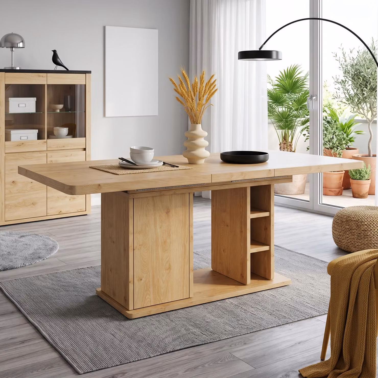 Tavolo da pranzo estendibile con spazio contenitore, piano spesso, adatto per 6-8 persone, tavolo da pranzo, tavolo da cucina, colore noce