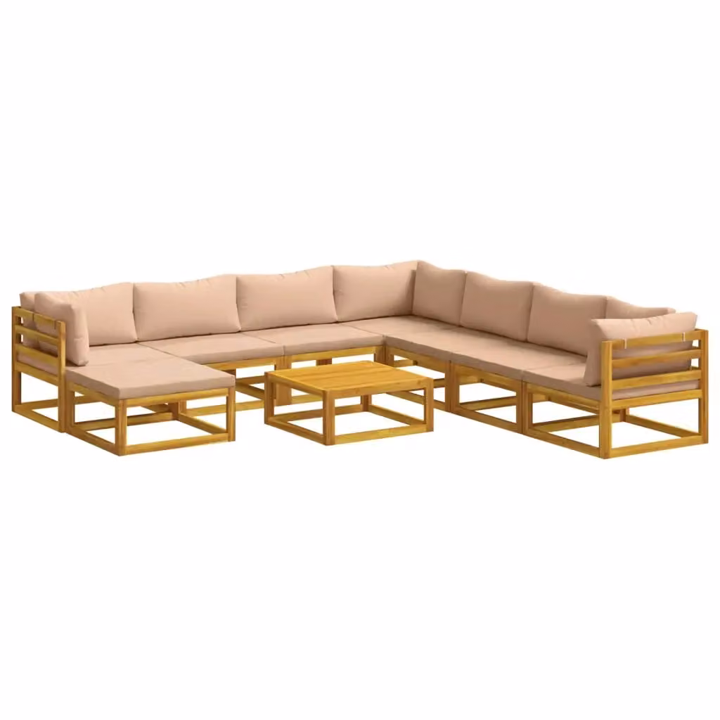 Set di divani da giardino vidaXL in legno di acacia massello con cuscini beige e marrone, composizione a L con 9 pezzi inclusi tavolo da caffè e pouf – 2