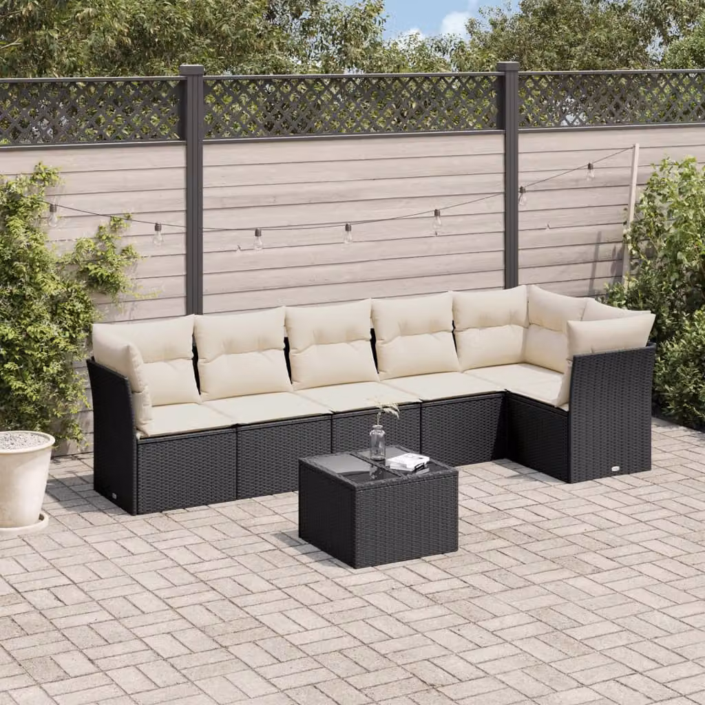 vidaXL Set Divano da Giardino a L con Cuscini 7pz Nero e Bianco con Tavolino da Caffè in Vetro e Struttura in Metallo – 1