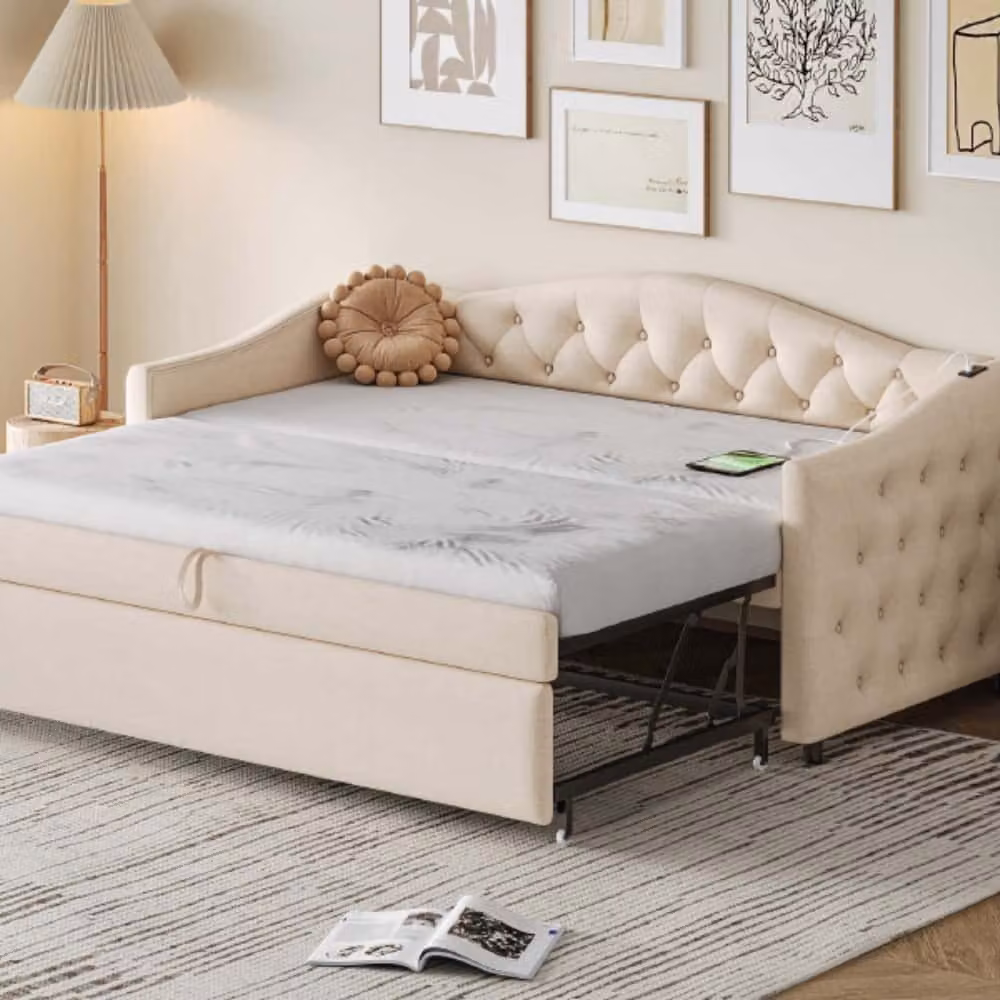 Letto imbottito AIORBER, 90x200 cm, divano letto allungabile, elementi a bottone, morbido, tessuto di lino, letti da giorno, con connessione USB, con rete a doghe, beige