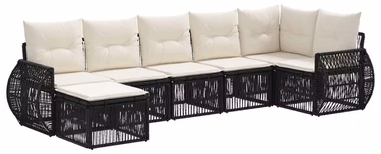 Set da giardino composto da 7 pezzi, in rattan sintetico nero e crema
