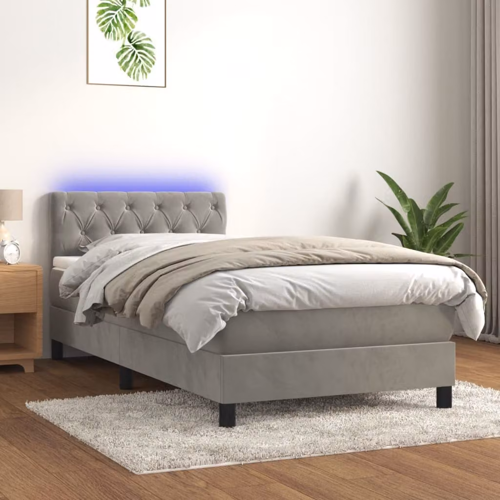 The Living Store Letto a molle con materasso e LED in velluto grigio chiaro 80x200 cm