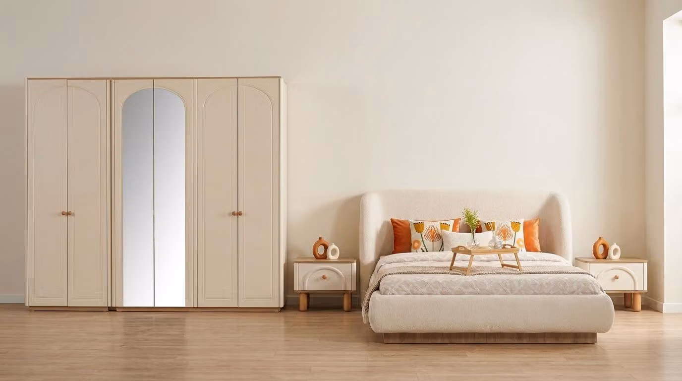 Set per camera da letto beige, moderno e composto da: letto, comodini (2), armadio, 4 pezzi