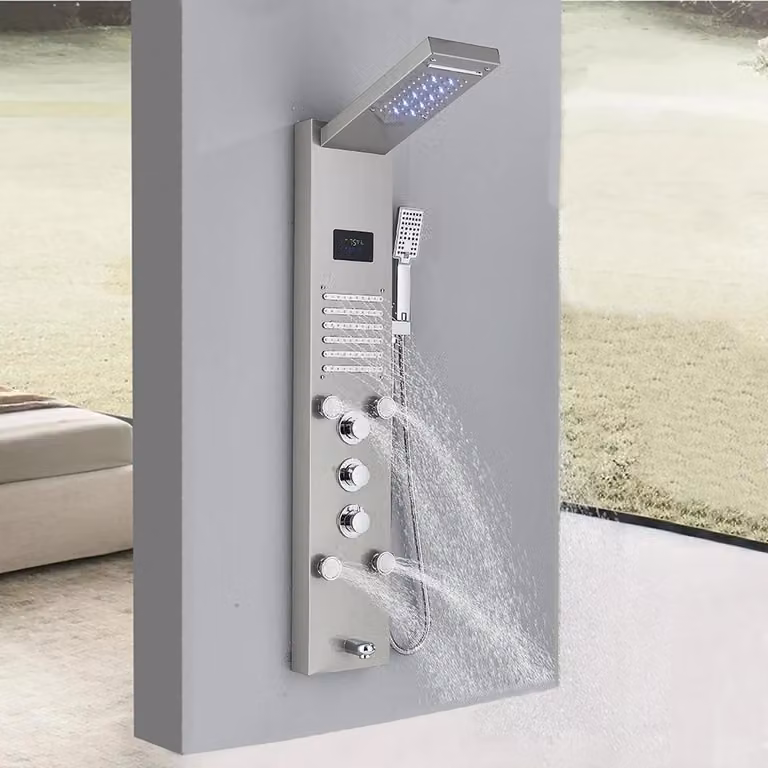 Pannello doccia - Modello 8004 - Soffione a pioggia e a cascata - Ugelli per massaggio corpo - LED - Display digitale della temperatura - Miscelatore monocomando - Nichel spazzolato
