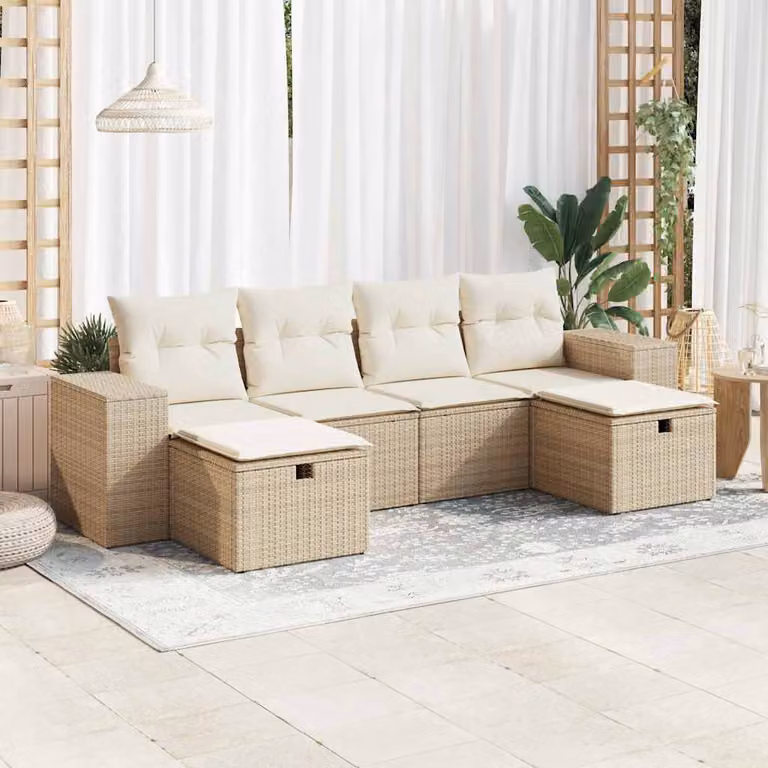 Set Divano da Giardino vidaXL 6 pz in Polyrattan Beige con Cuscini e Copertura per Esterno