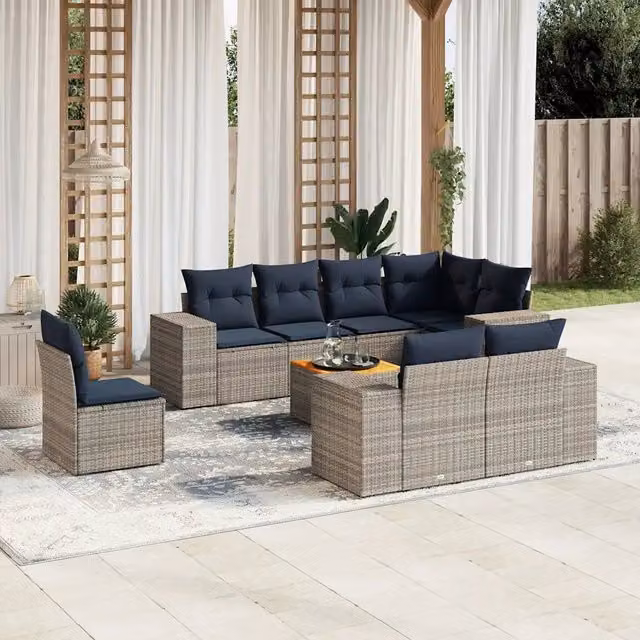 Set Divani da Giardino 9 pz con Cuscini Grigio in Polyrattan 3225543