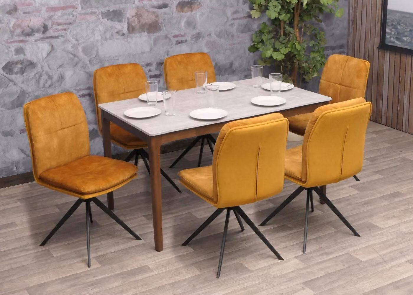 set di 6 sedie da pranzo HWC-M68, sedia da cucina, poltrona, posizione girevole automatica, metallo tessuto/tessuto ~ giallo