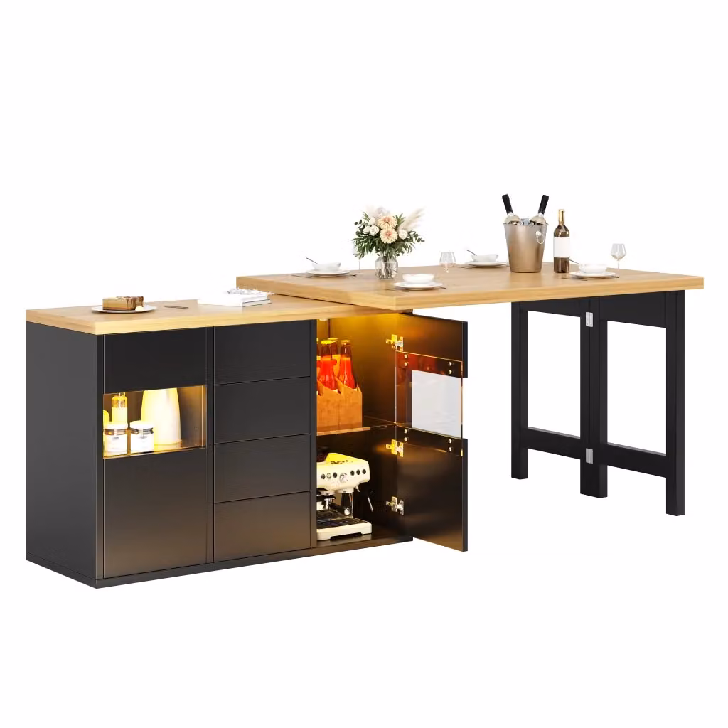 Dispensa da cucina Chicfurn con 4 cassetti, ante in vetro e illuminazione LED integrata, piano girevole 360 gradi, colore nero, L/P/H: 120 x 40 x 73.8 cm – 2