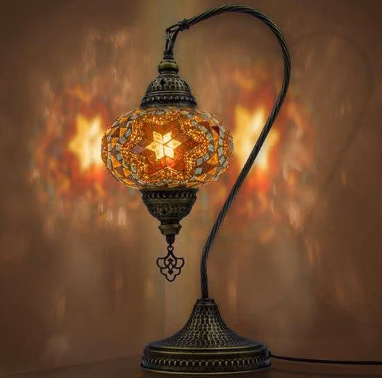 Lampada da tavolo Mozaiek a collo di cigno, lampada da notte artigianale, lampada Tiffany turco-araba per camera da letto e soggiorno, idea regalo