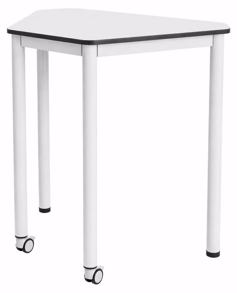 Scrivania moderna dal design minimalista, dotata di rotelle e angoli smussati