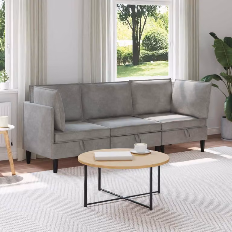 Set di mobili per il soggiorno vidaXL in velluto grigio composto da divano angolare a 3 posti e complementi coordinati
