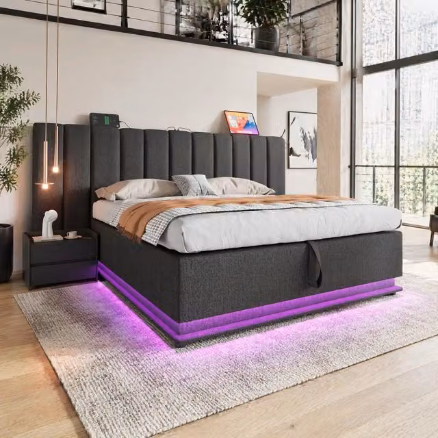 Letto matrimoniale ULEVR 180x200 cm con contenitore idraulico, LED 360¡ã, 3 USB e Type-C, lino grigio
