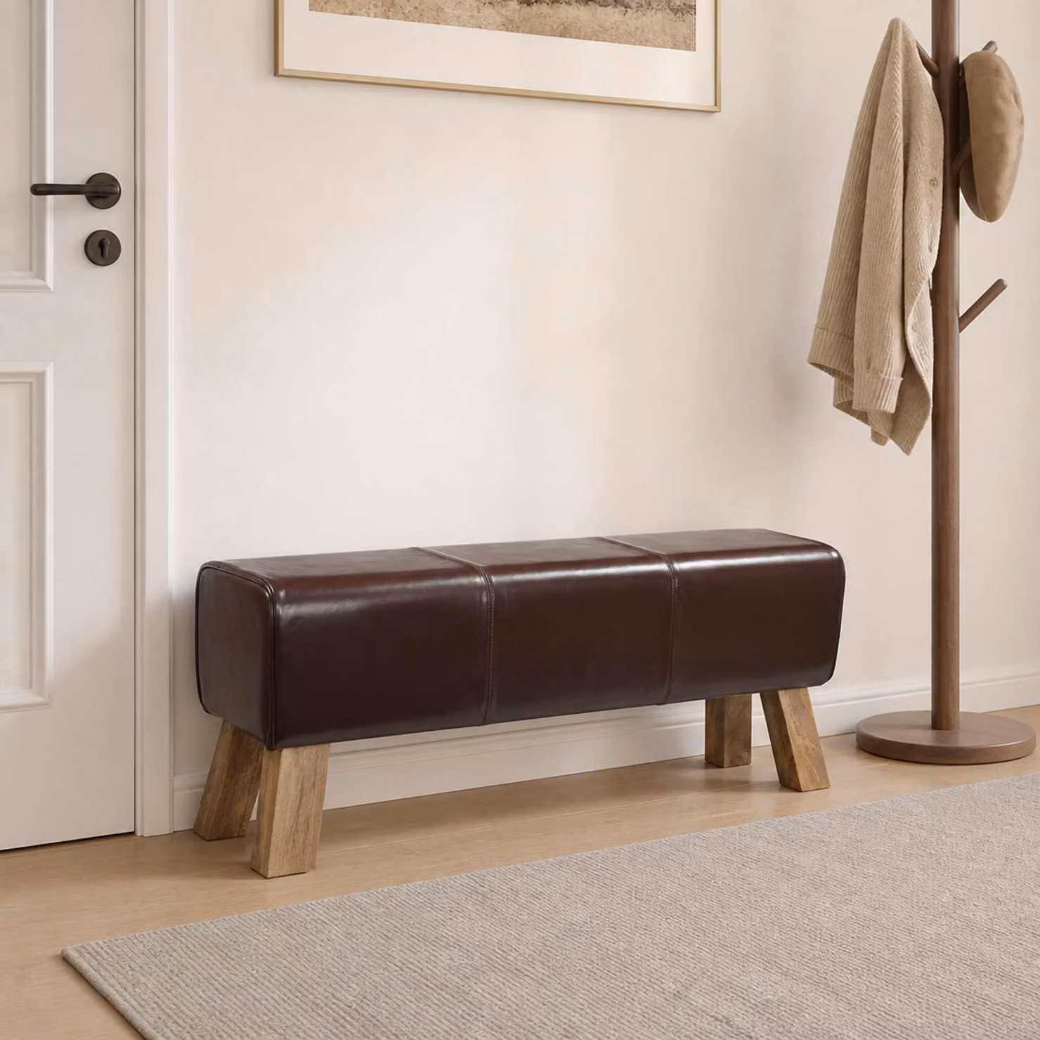 Panchina moderna vidaXL in pelle marrone scuro e legno L: 110 cm, P: 30 cm, H: 45 cm