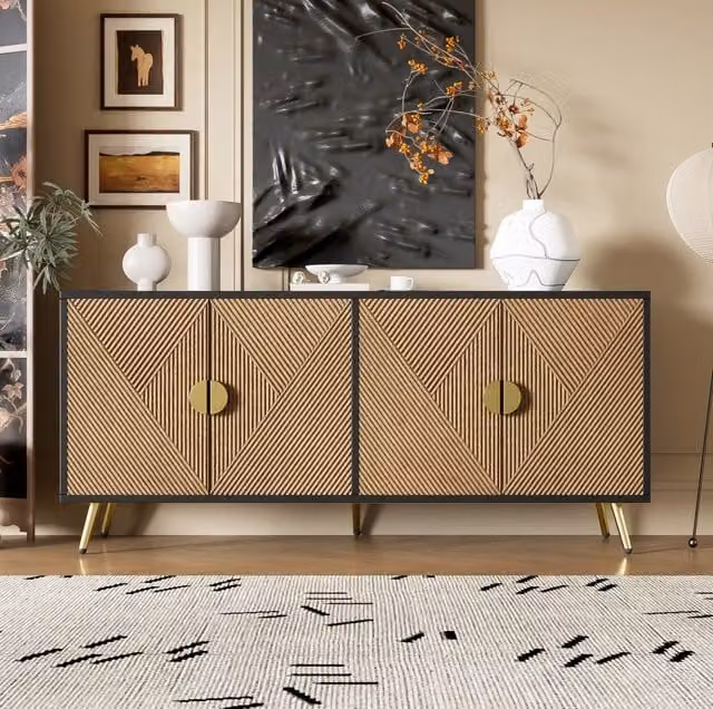 Credenza sideboard 160 cm a 4 ante; nero e legno; con maniglie dorate