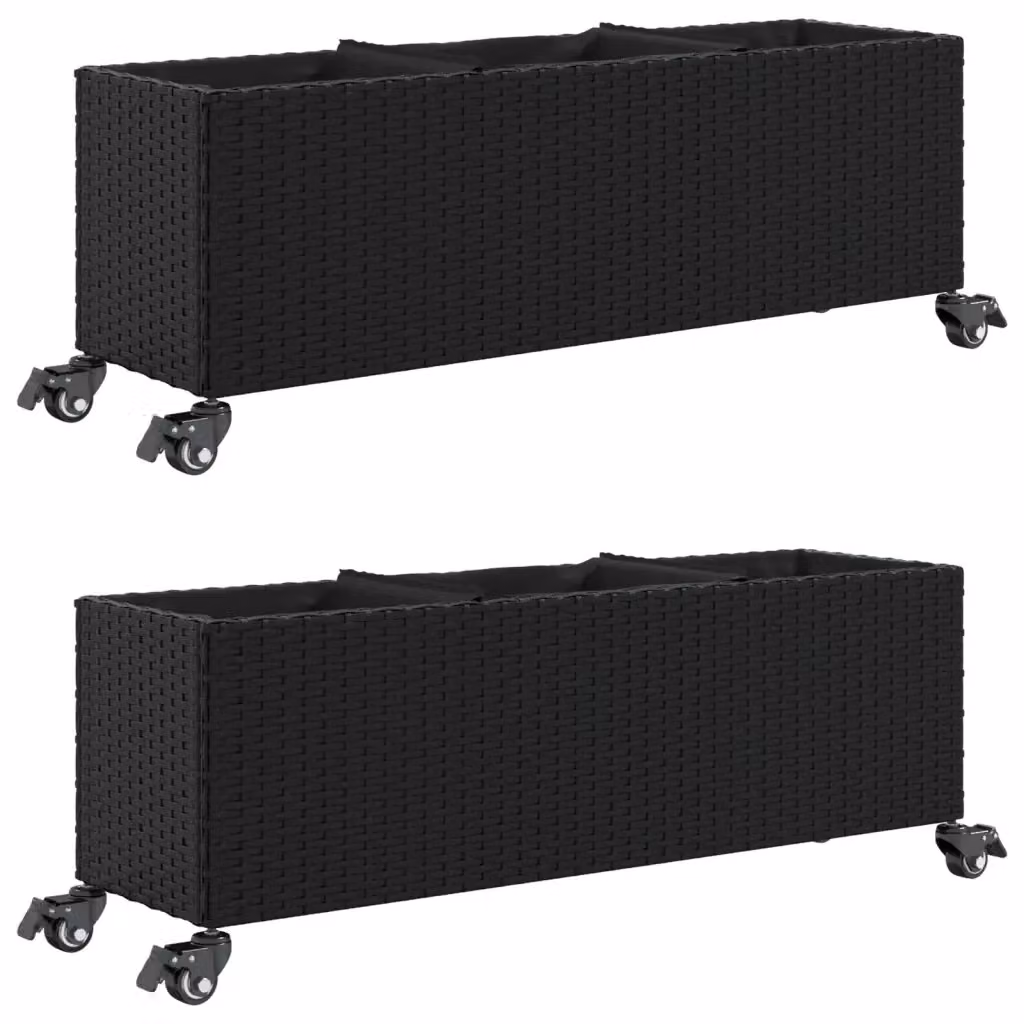 Set di 2 fioriere da giardino con ruote vidaXL in polyrattan colore nero L: 107 cm, P: 32 cm, H: 38 cm – 2